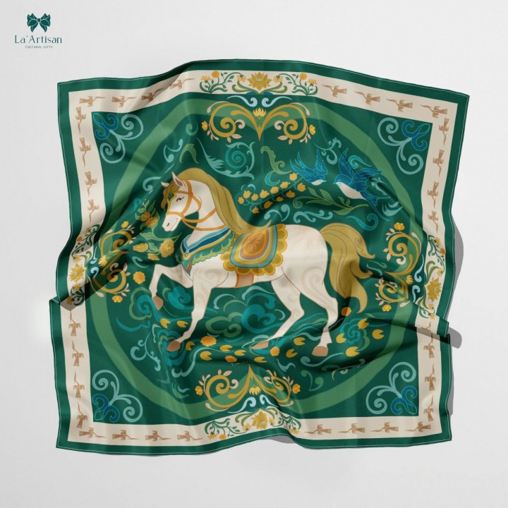 Double-sided printed silk scarf with the green triumphant horse pattern (Size 70*70cm : 749,000vnd)